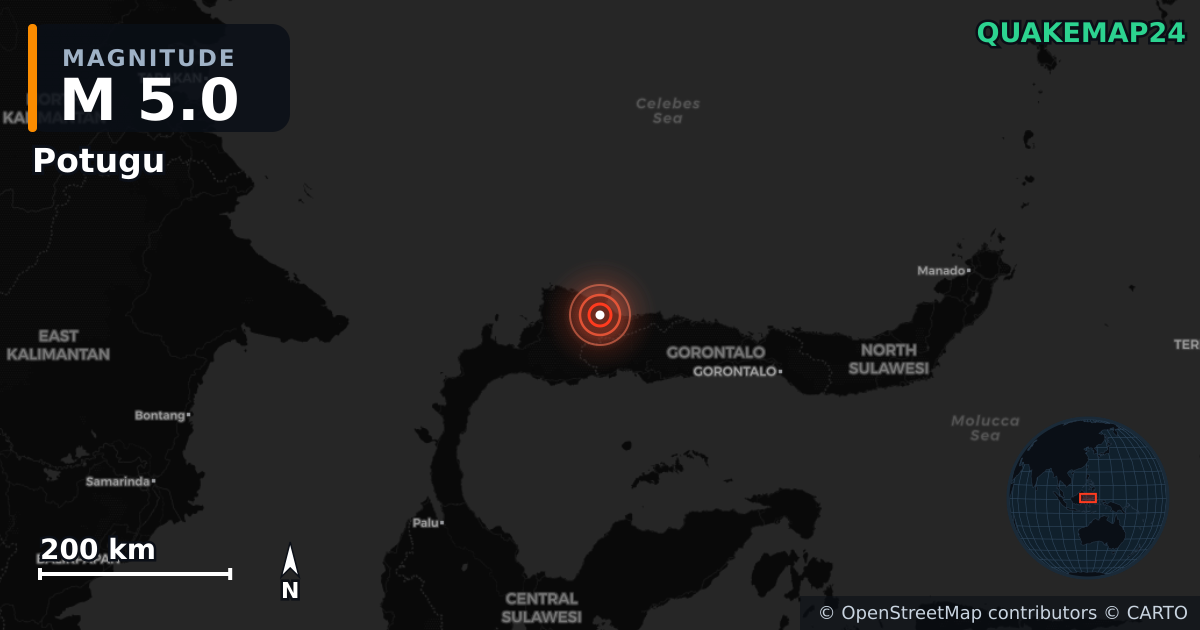Erdbeben M5,0 bei Potugu, Sulawesi Tengah (Indonesien) — Karte der Lage des Epizentrums