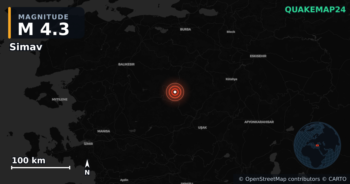 M4.3 earthquake near Simav on Jun 10, 2025 — map of epicenter and shaking intensity | QuakeMap24