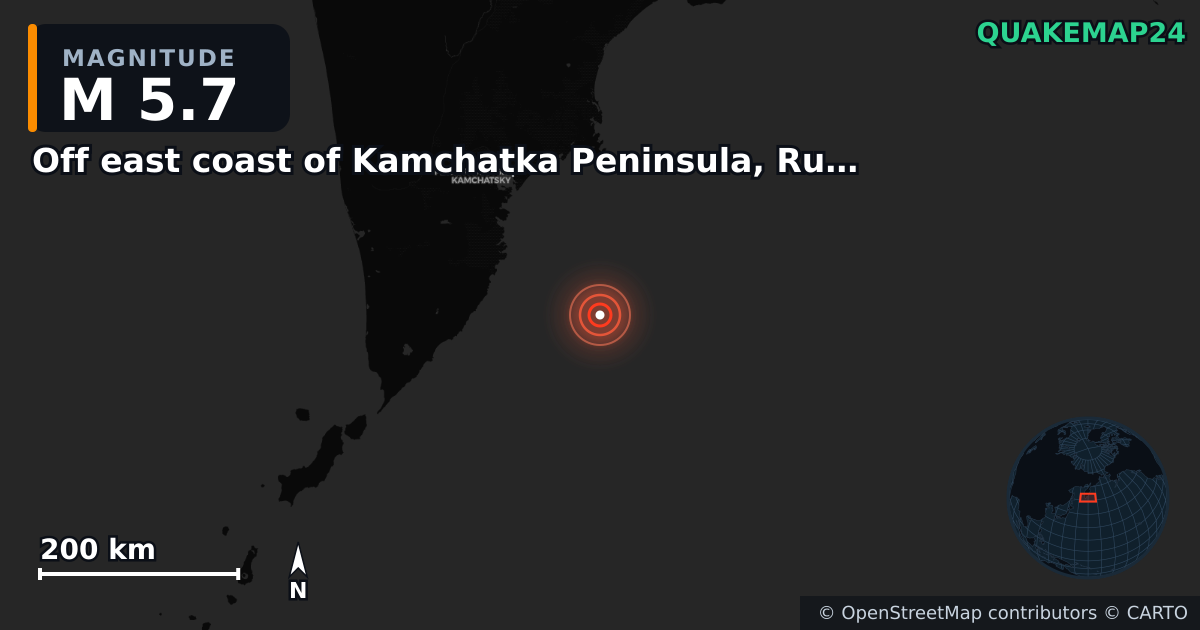 M5.7 earthquake near Off east coast of Kamchatka Peninsula, Russia [Sea: Russia] on Oct 4, 2025 — map of epicenter and shaking intensity | QuakeMap24