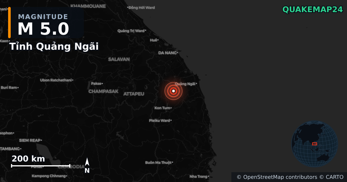 M5.0 earthquake near Tỉnh Quảng Ngãi on Oct 5, 2025 — map of epicenter and shaking intensity | QuakeMap24