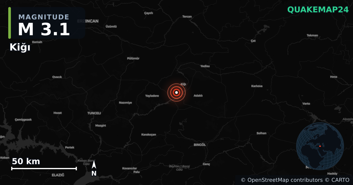 M3.1 earthquake near Kiğı on Jun 1, 2025 — map of epicenter and shaking intensity | QuakeMap24