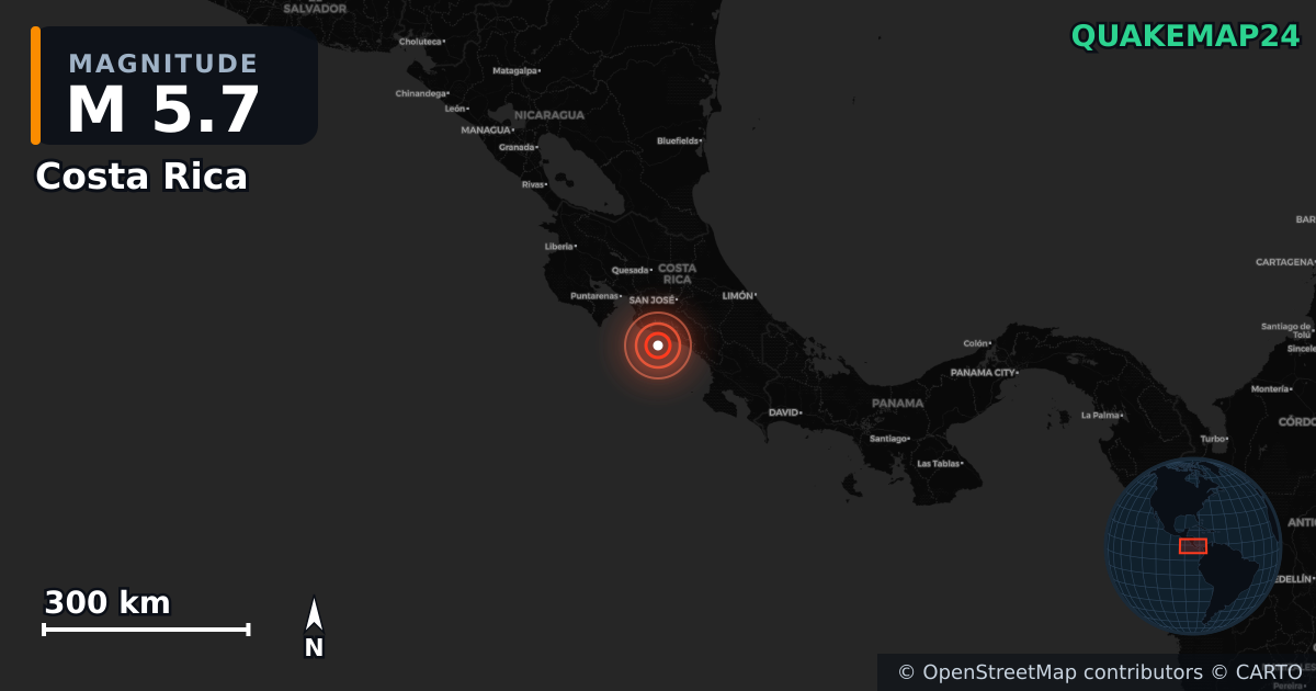 M5.7 earthquake near Costa Rica on Oct 22, 2025 — map of epicenter and shaking intensity | QuakeMap24