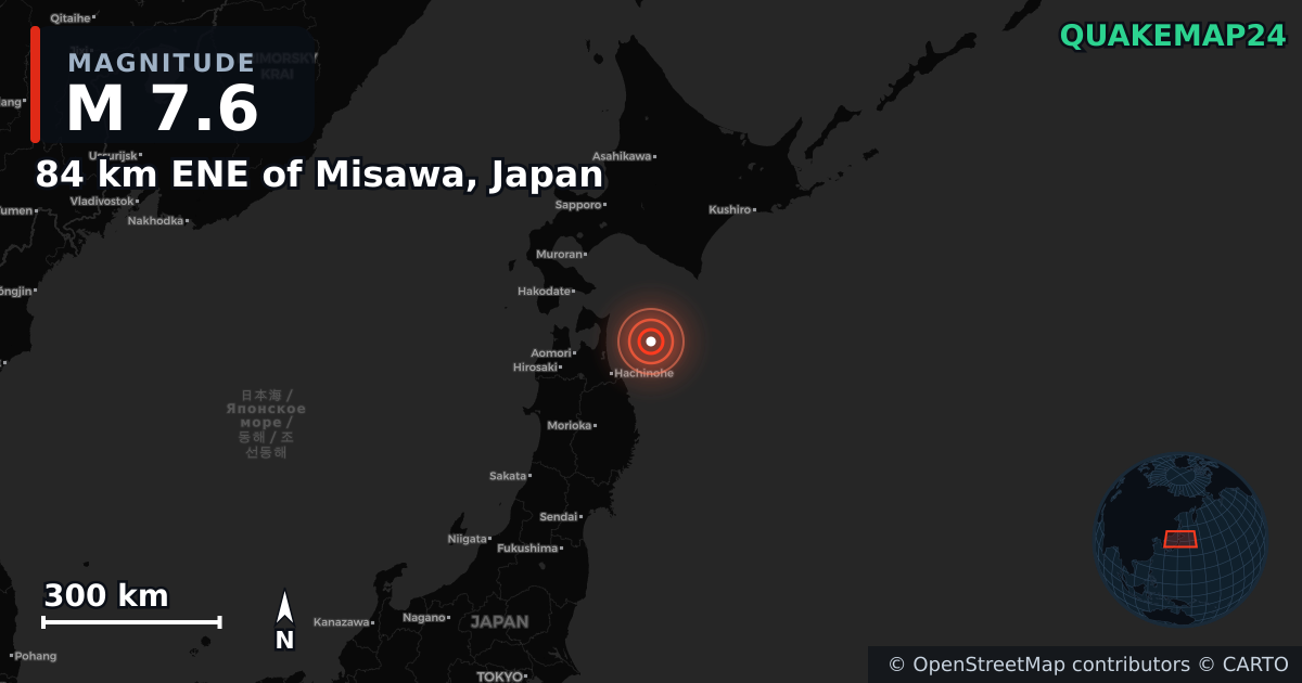 M7.6 earthquake near 84 km ENE of Misawa, Japan on Dec 8, 2025 — map of epicenter and shaking intensity | QuakeMap24