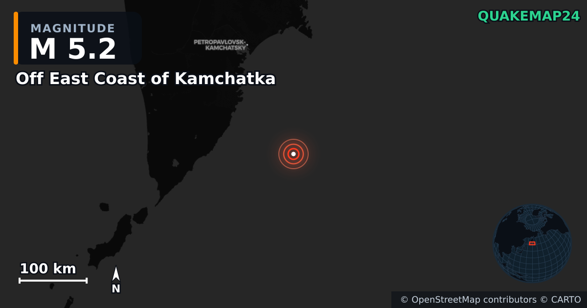 M5.2 earthquake near Off East Coast of Kamchatka on Aug 2, 2025 — map of epicenter and shaking intensity | QuakeMap24