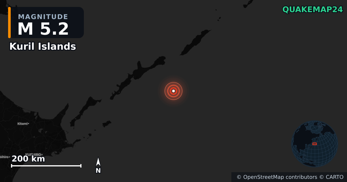 M5.2 earthquake near Kuril Islands on Jul 30, 2025 — map of epicenter and shaking intensity | QuakeMap24