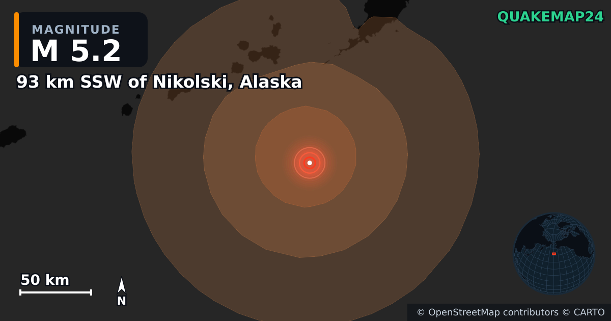 93 km SSW of Nikolski, Alaska yakınında M5,2 deprem — Deprem merkez üssünün konumunu gösteren harita
