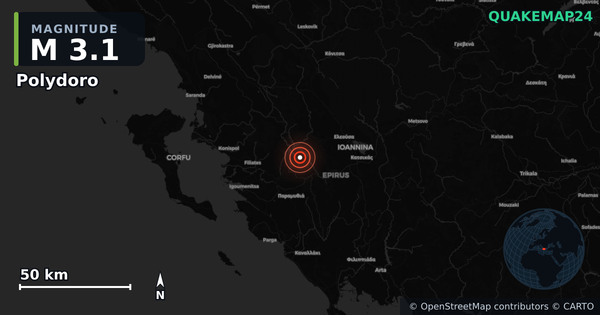 M3.1 earthquake near Polydoro on Apr 26, 2026 — map of epicenter and shaking intensity | QuakeMap24