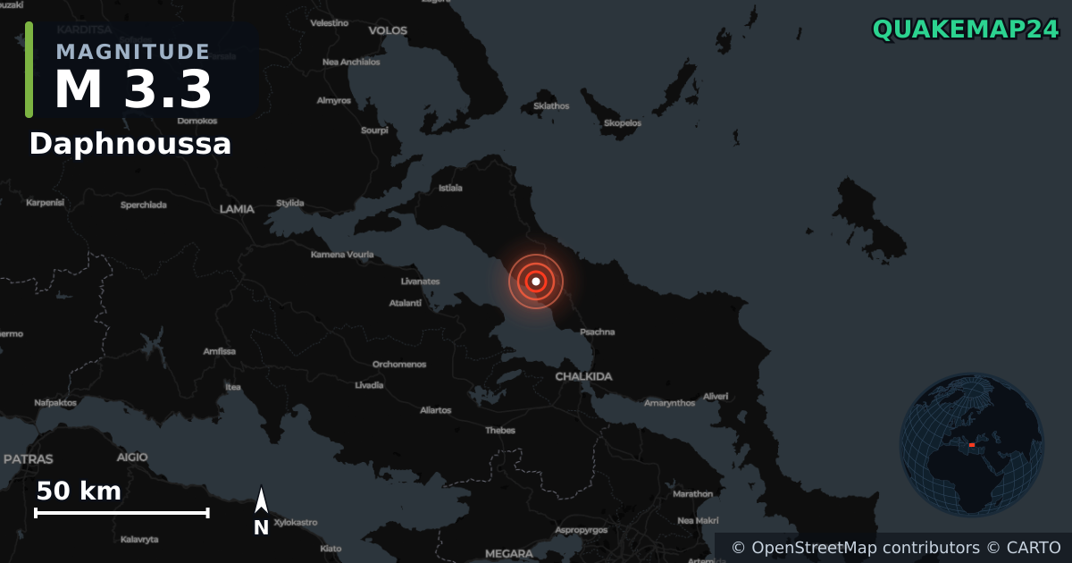 M3.3 Earthquake near Daphnoussa, Central Greece (Greece) · 2026-06-20 — Map showing the location of the epicenter