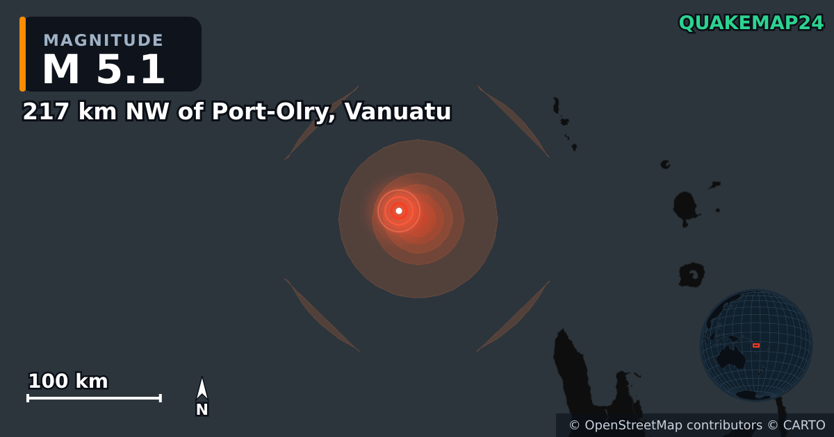 Σεισμός M5,3 κοντά στο 216 km W of Sola, Vanuatu · 2026-10-24 — Χάρτης της θέσης του επικέντρου