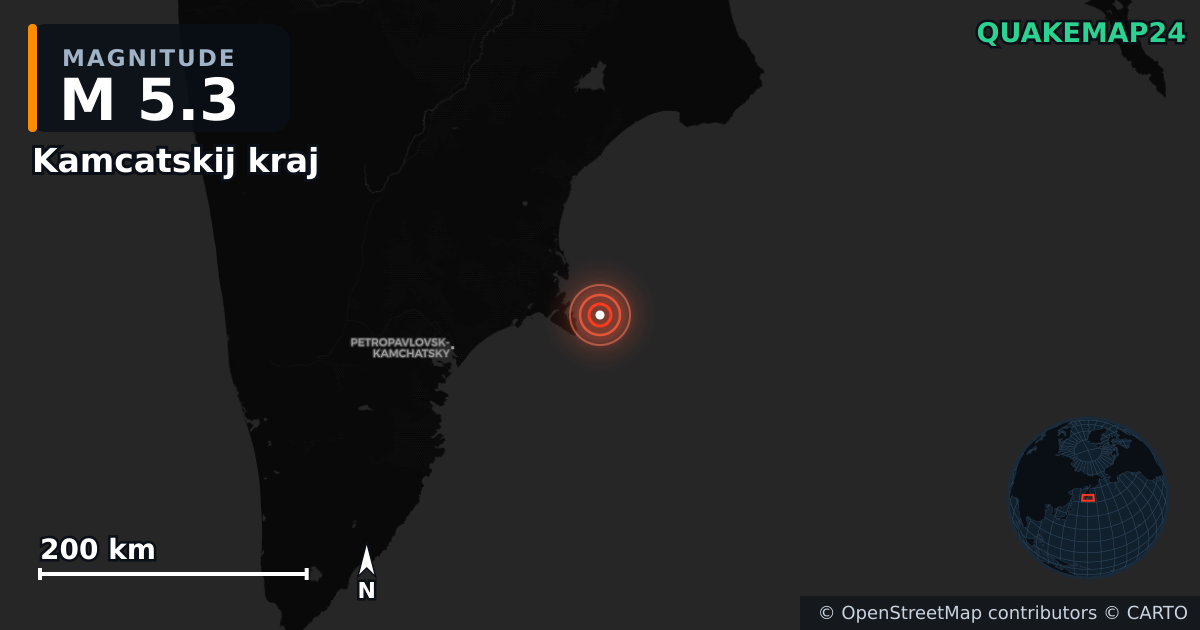 M5.3 earthquake near Kamcatskij kraj on Sep 13, 2025 — map of epicenter and shaking intensity | QuakeMap24