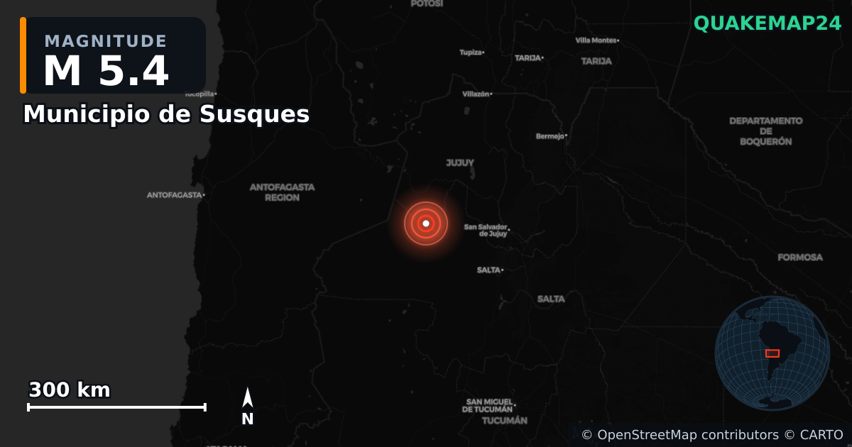 Municipio de Susques (Arjantin) yakınında M5,4 deprem · 2026-01-01 — Deprem merkez üssünün konumunu gösteren harita