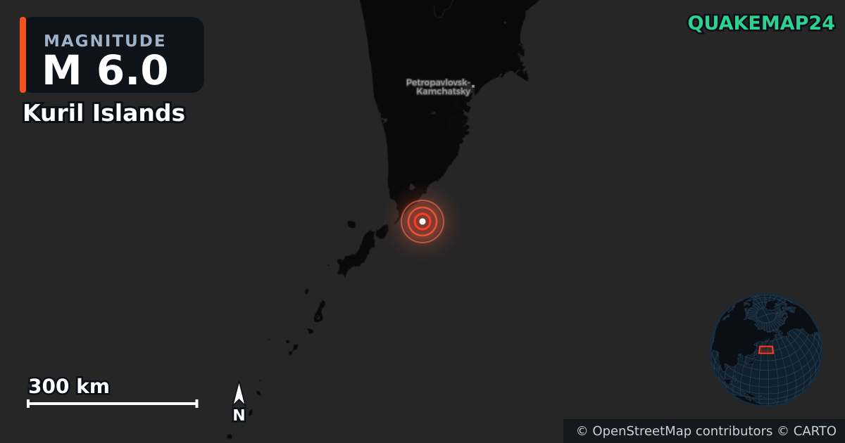 M6.0 earthquake near Kuril Islands on Aug 27, 2025 — map of epicenter and shaking intensity | QuakeMap24