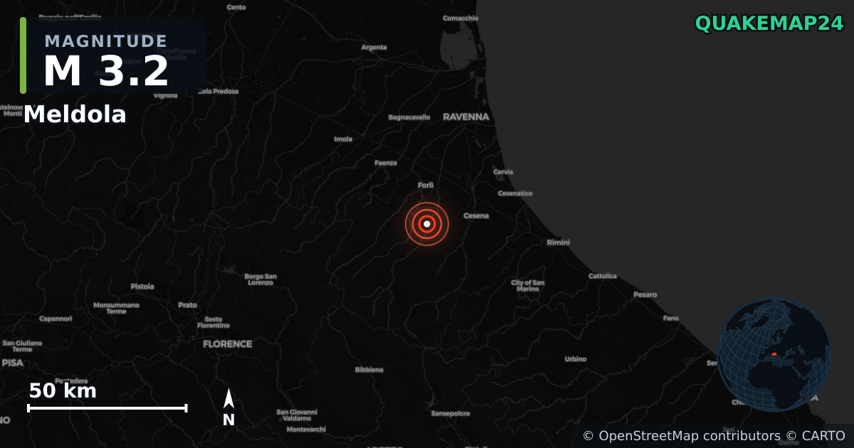 Sismo de M3,2 perto de Meldola, Emilia-Romagna (Itália) · 2026-05-31 — Mapa da localização do epicentro