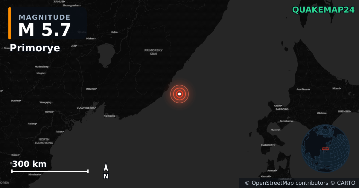 M5.7 earthquake near Primorye on Jun 10, 2026 — map of epicenter and shaking intensity | QuakeMap24