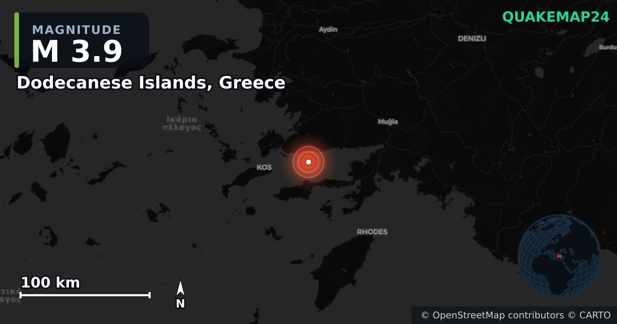 M3.9 earthquake near Dodecanese Islands, Greece on Apr 30, 2025 — map of epicenter and shaking intensity | QuakeMap24