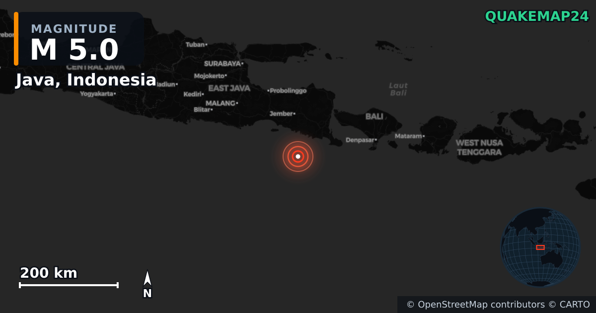 Erdbeben M5,0 bei Java, Indonesia — Karte der Lage des Epizentrums