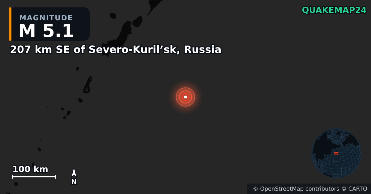 M5.1 earthquake near 207 km SE of Severo-Kuril’sk, Russia on Nov 16, 2025 — map of epicenter and shaking intensity | QuakeMap24