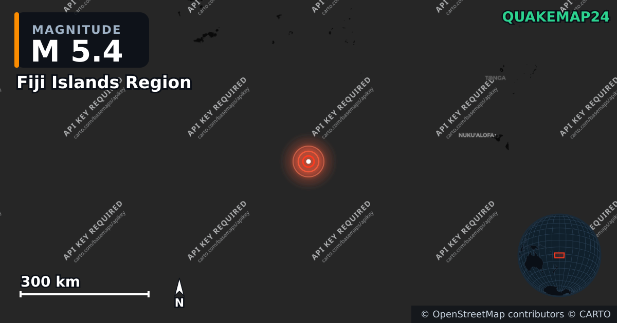 M5.4 earthquake near Fiji Islands Region on Apr 1, 2026 — map of epicenter and shaking intensity | QuakeMap24