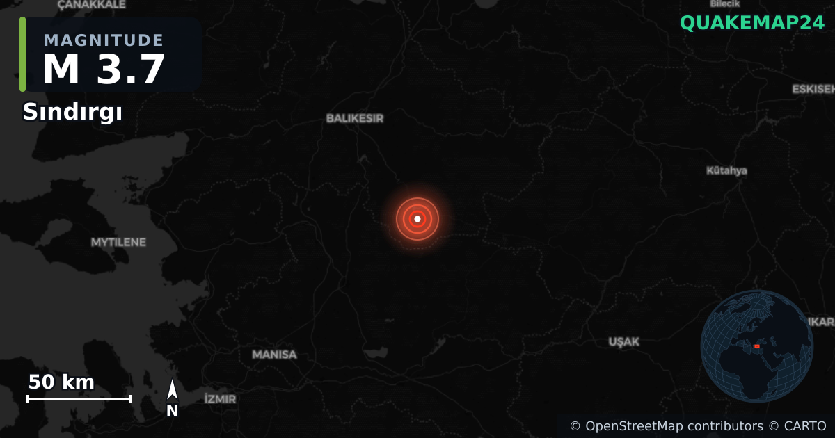 M3.7 earthquake near Sındırgı on Sep 8, 2025 — map of epicenter and shaking intensity | QuakeMap24