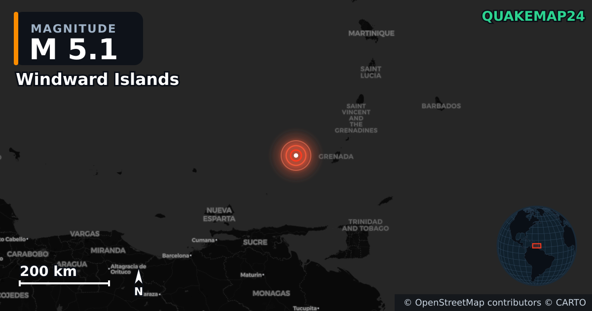 Erdbeben M5,1 bei Windward Islands — Karte der Lage des Epizentrums