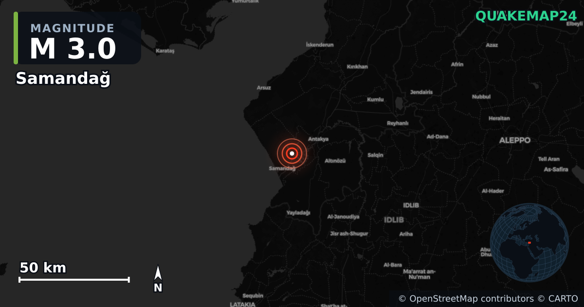 M3.0 earthquake near Samandağ on Oct 19, 2025 — map of epicenter and shaking intensity | QuakeMap24