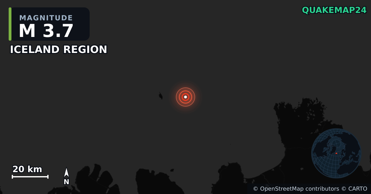 M3.7 earthquake near ICELAND REGION on May 14, 2025 — map of epicenter and shaking intensity | QuakeMap24