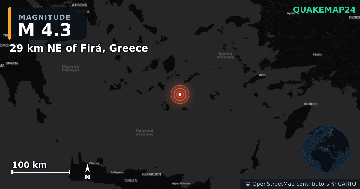 M4.3 earthquake near 29 km NE of Firá, Greece on Feb 6, 2025 — map of epicenter and shaking intensity | QuakeMap24