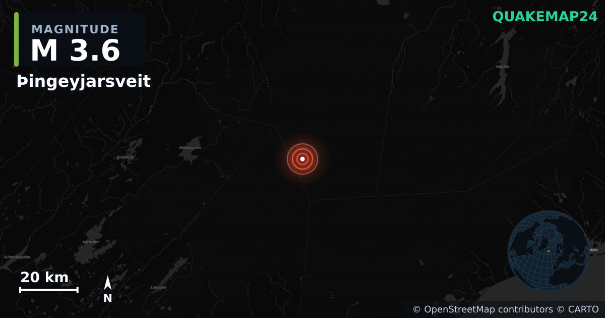 M3.6 earthquake near Þingeyjarsveit on Oct 29, 2025 — map of epicenter and shaking intensity | QuakeMap24