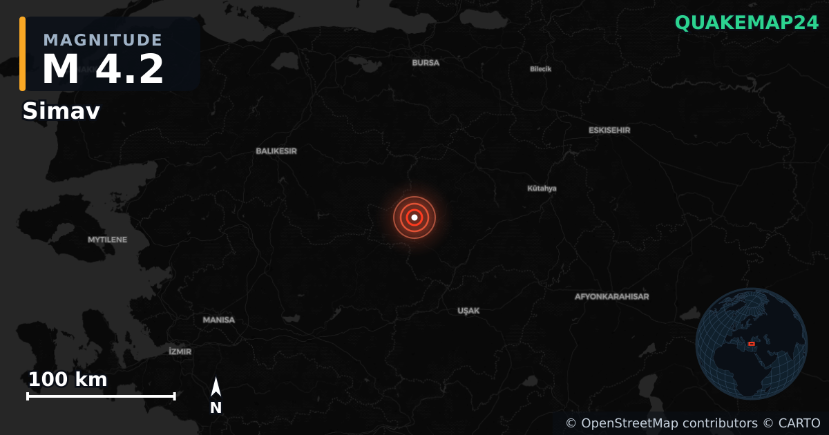 M4.2 earthquake near Simav on Sep 20, 2025 — map of epicenter and shaking intensity | QuakeMap24