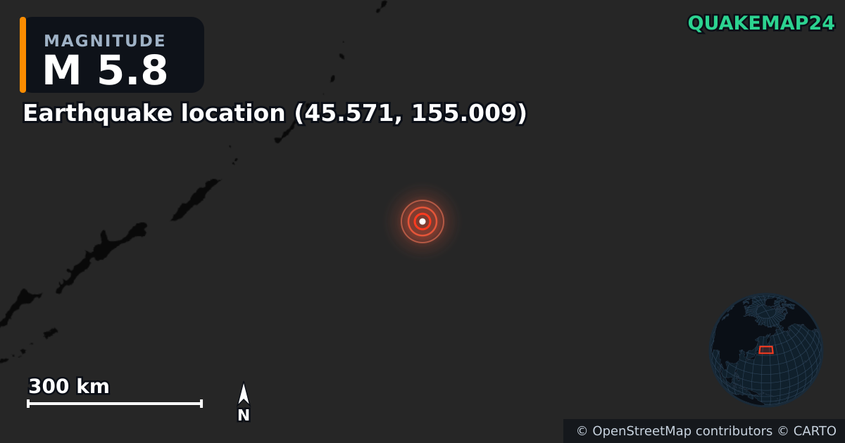 M5.8 earthquake near Τοποθεσία σεισμού (45.571, 155.009) on Mar 17, 2026 — map of epicenter and shaking intensity | QuakeMap24