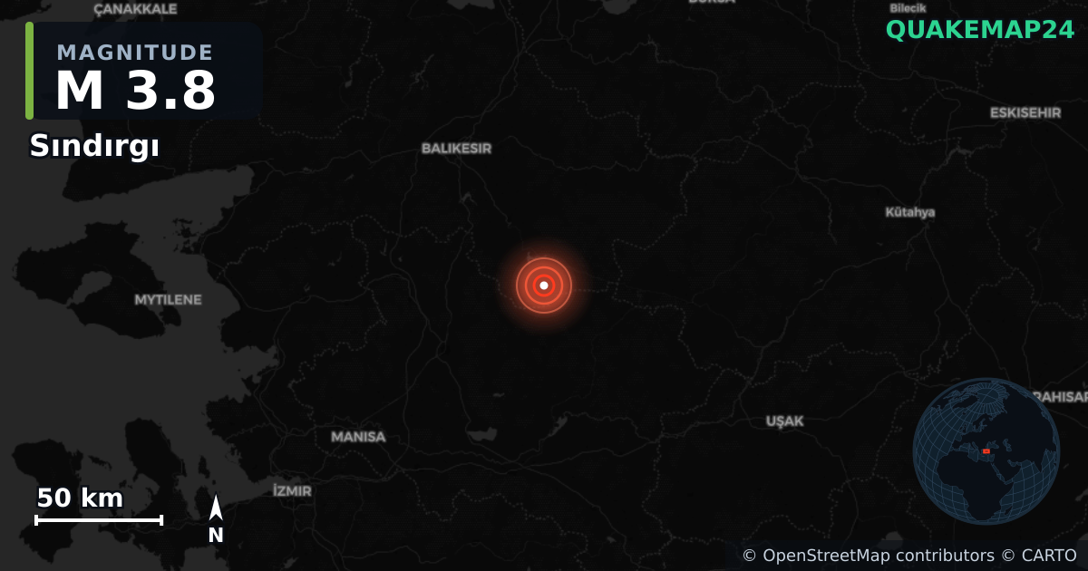 M3.8 earthquake near Sındırgı on Jan 21, 2026 — map of epicenter and shaking intensity | QuakeMap24