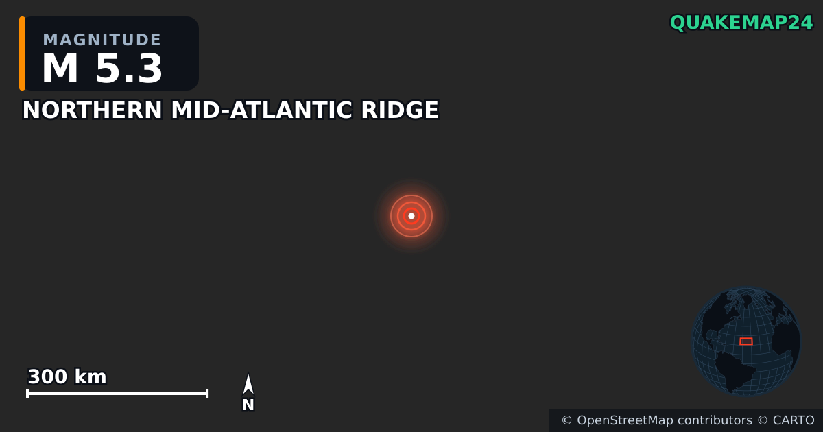 M5.3 Earthquake near NORTHERN MID-ATLANTIC RIDGE · 2026-03-30 — Map showing the location of the epicenter