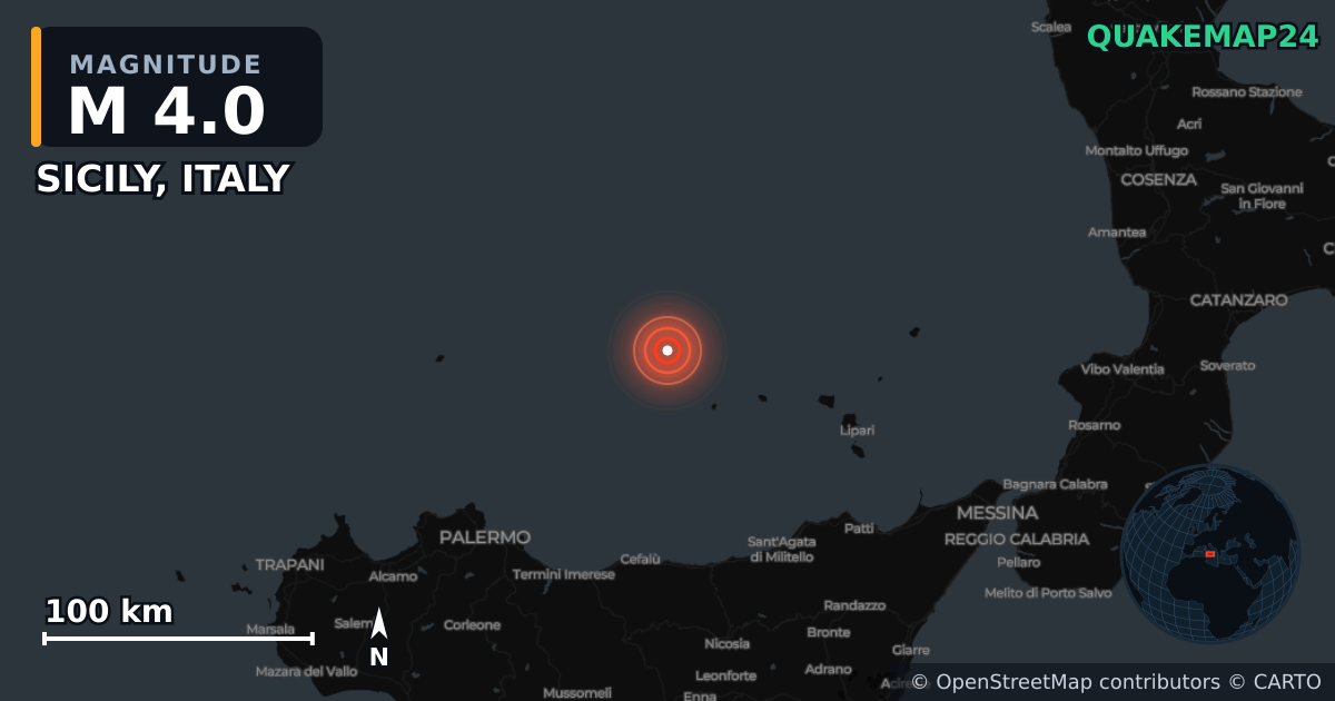 Terremoto de M4,0 cerca de SICILY, ITALY · 2026-10-23 — Mapa de la ubicación del epicentro
