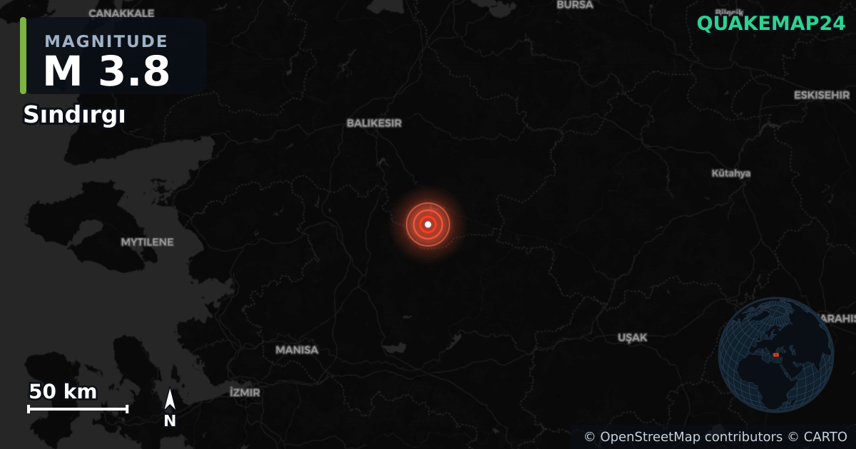 M3.8 earthquake near Sındırgı on Aug 19, 2025 — map of epicenter and shaking intensity | QuakeMap24