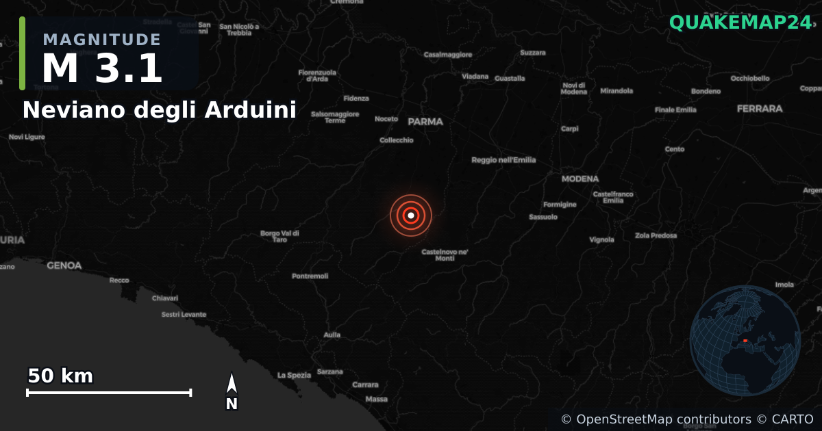 M3.1 earthquake near Neviano degli Arduini on Jan 11, 2026 — map of epicenter and shaking intensity | QuakeMap24