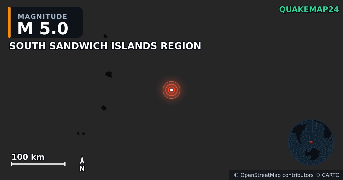 M5.0 earthquake near SOUTH SANDWICH ISLANDS REGION on Sep 19, 2025 — map of epicenter and shaking intensity | QuakeMap24