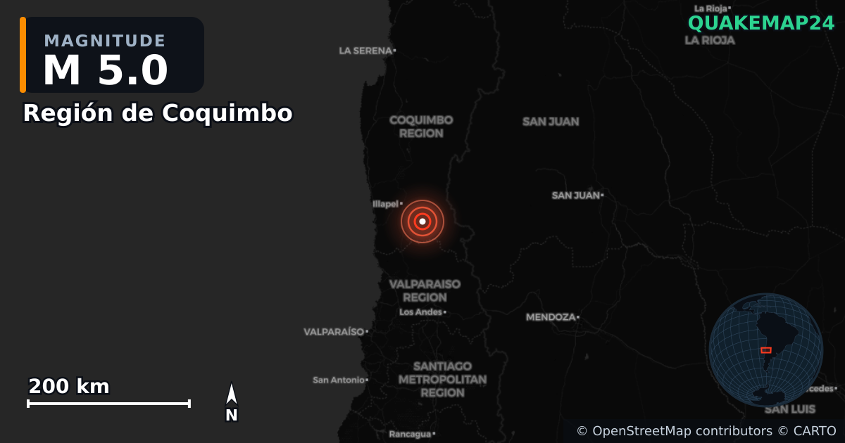 M5.0 earthquake near Región de Coquimbo on May 5, 2025 — map of epicenter and shaking intensity | QuakeMap24