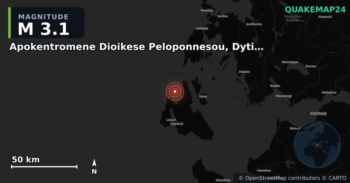 M3.1 earthquake near Apokentromene Dioikese Peloponnesou, Dytikes Elladas kai Ioniou on Sep 17, 2025 — map of epicenter and shaking intensity | QuakeMap24