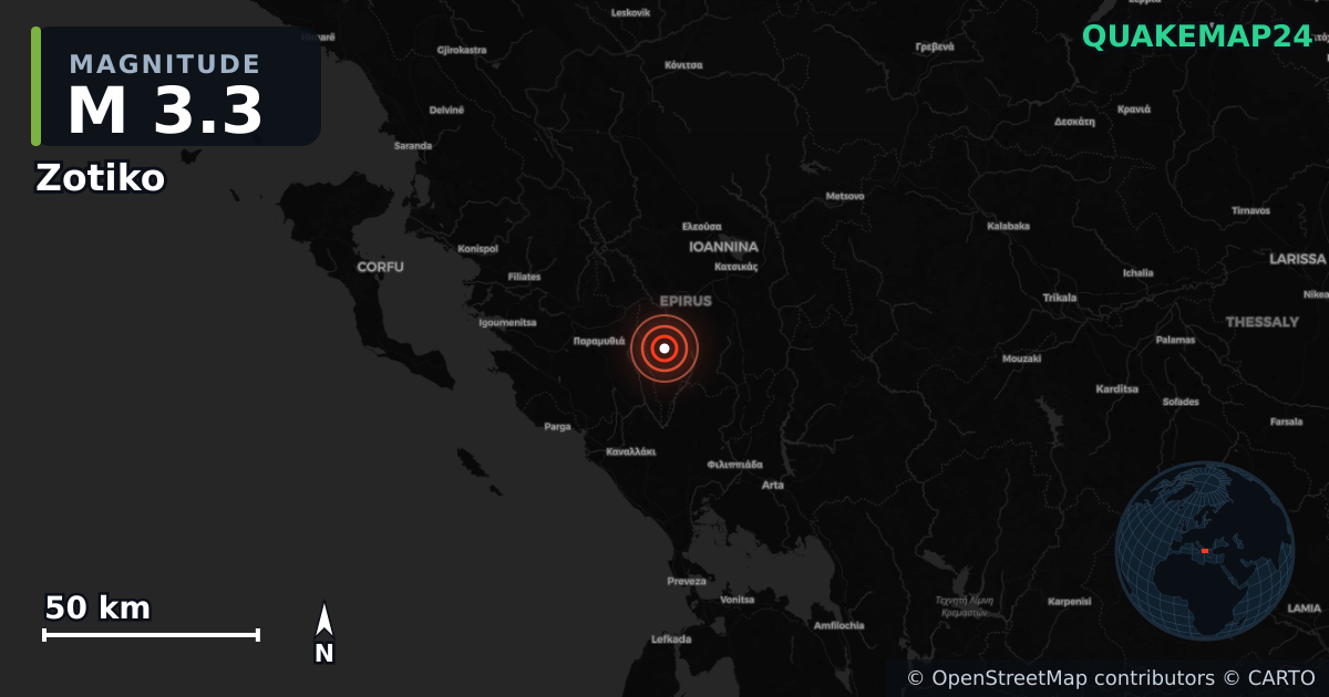 M3.3 earthquake near Zotiko on Apr 16, 2026 — map of epicenter and shaking intensity | QuakeMap24