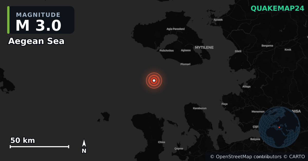 M3.0 earthquake near Aegean Sea on Sep 19, 2025 — map of epicenter and shaking intensity | QuakeMap24