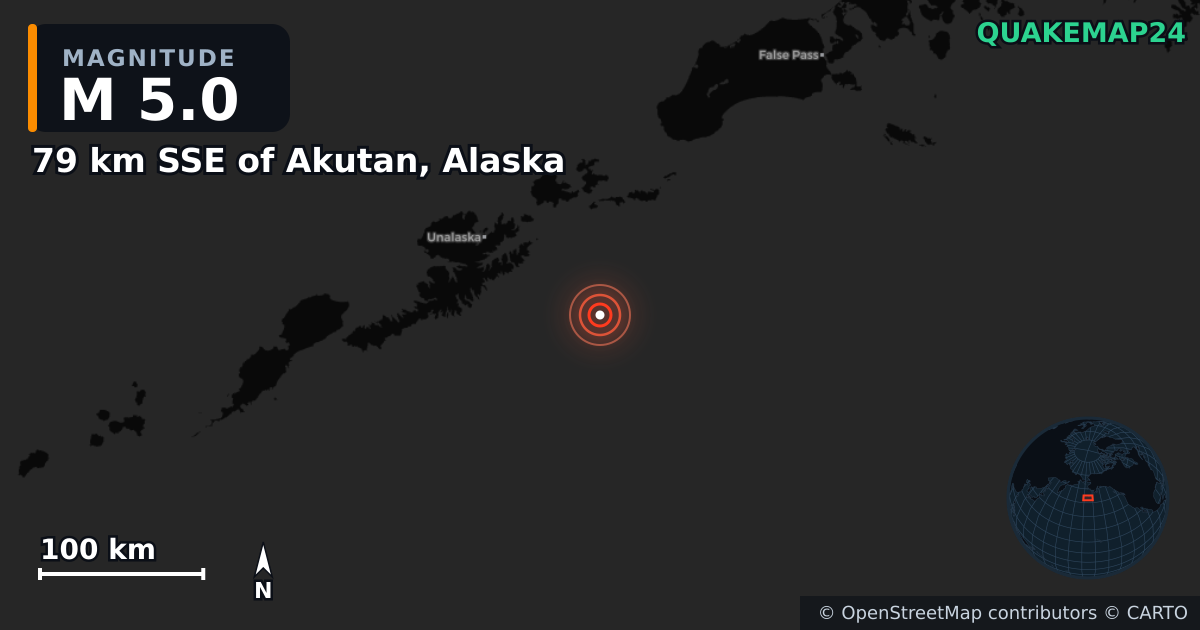 M5.0 earthquake near 79 km SSE of Akutan, Alaska on Oct 17, 2025 — map of epicenter and shaking intensity | QuakeMap24