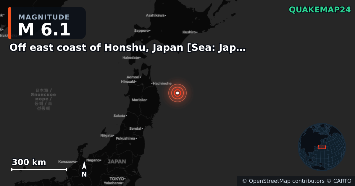 M6.1 earthquake near Off east coast of Honshu, Japan [Sea: Japan] on Dec 31, 2025 — map of epicenter and shaking intensity | QuakeMap24