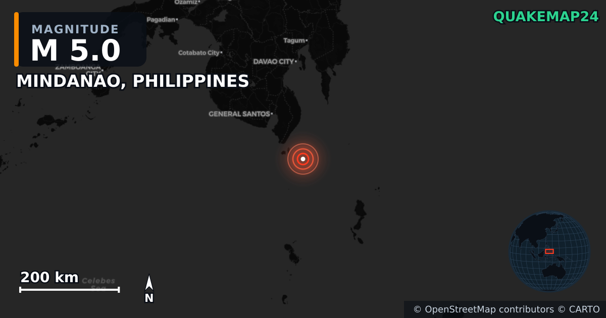Erdbeben M5,0 bei MINDANAO, PHILIPPINES — Karte der Lage des Epizentrums