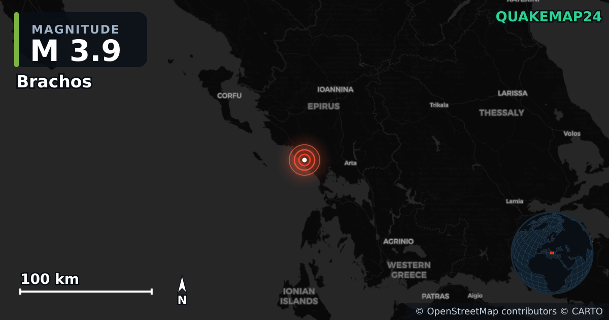 M3.9 earthquake near Brachos on May 17, 2026 — map of epicenter and shaking intensity | QuakeMap24