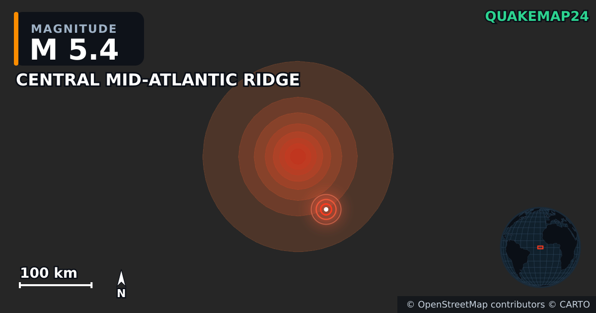 Terremoto de M5,4 cerca de CENTRAL MID-ATLANTIC RIDGE · 2026-10-13 — Mapa de la ubicación del epicentro
