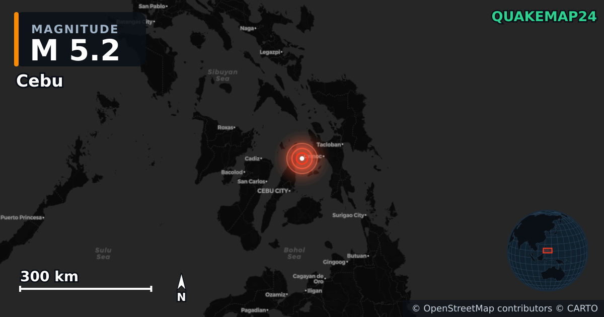 M5.2 earthquake near Cebu on Sep 30, 2025 — map of epicenter and shaking intensity | QuakeMap24