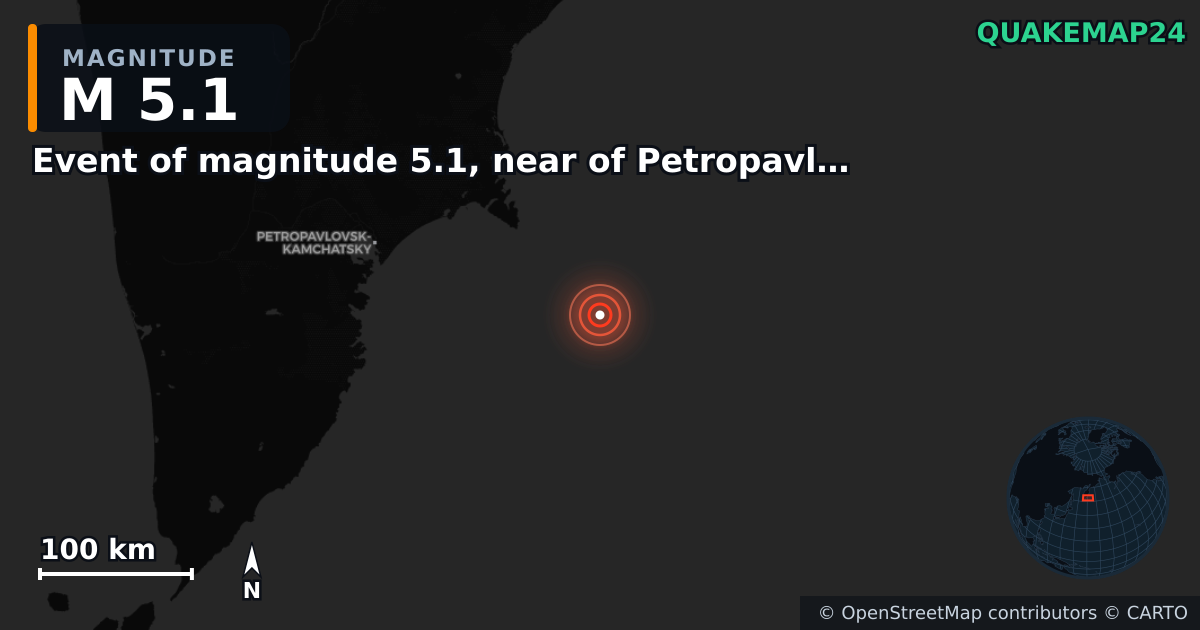 M5.1 earthquake near Event of magnitude 5.1, near of Petropavlovsk Kamchatskiy (Monde) on Sep 19, 2025 — map of epicenter and shaking intensity | QuakeMap24