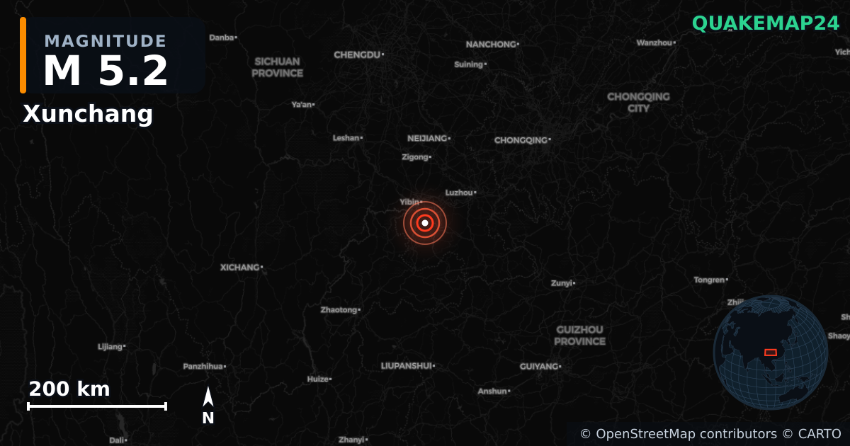 M5.2 earthquake near Xunchang on Aug 7, 2026 — map of epicenter and shaking intensity | QuakeMap24