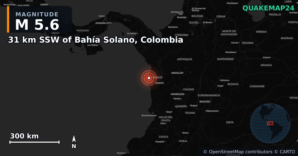 M5.6 earthquake near 31 km SSW of Bahía Solano, Colombia on Jan 10, 2025 — map of epicenter and shaking intensity | QuakeMap24