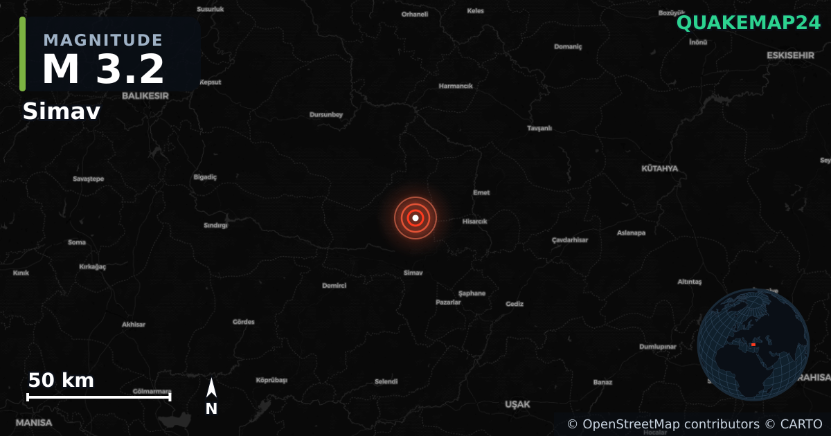 M3.2 earthquake near Simav on Oct 1, 2025 — map of epicenter and shaking intensity | QuakeMap24